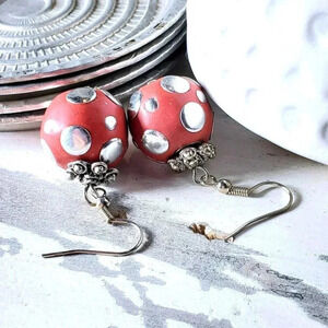 Orangish Red Tribal Ethnic Kashmiri Lac Silver Brass Dotted East India Earrings
